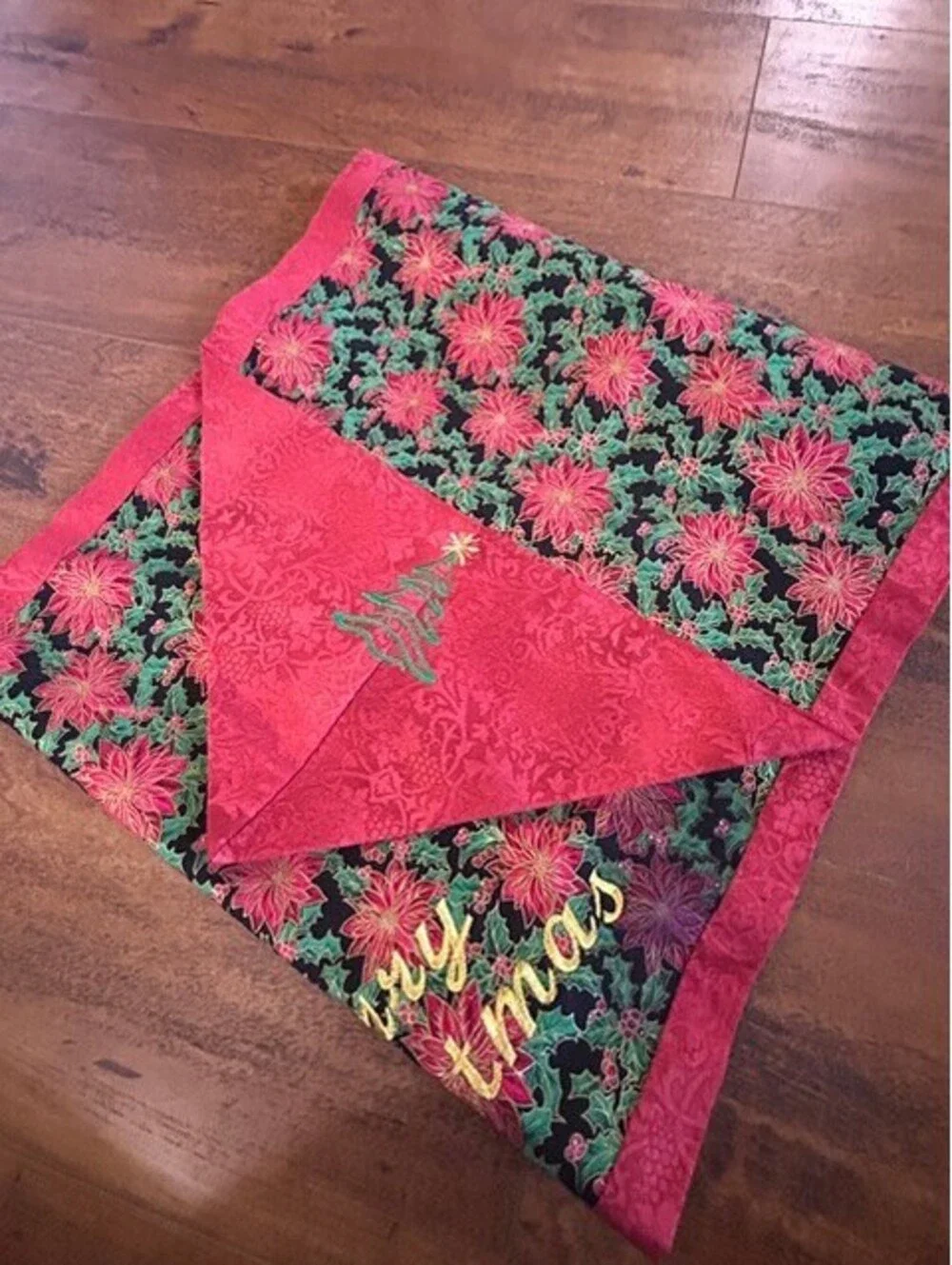 Christmas Table Runner with Embroidered Poinsettias and Holiday Greetings